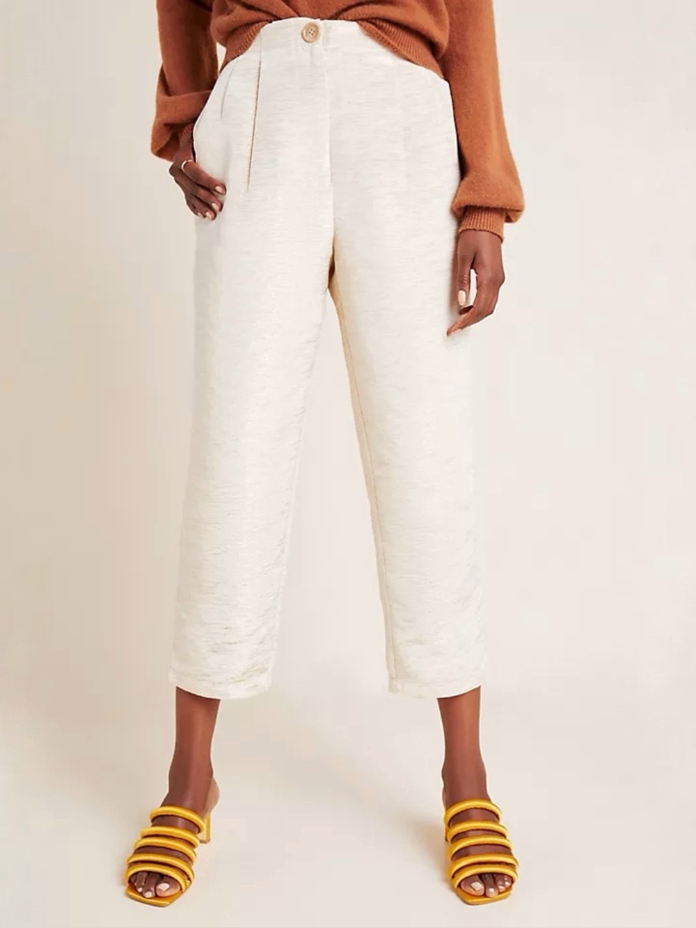 NWT COREY LYNN CALTER Pants Pleated Metallic Straight Trouser Ivory Gold Large